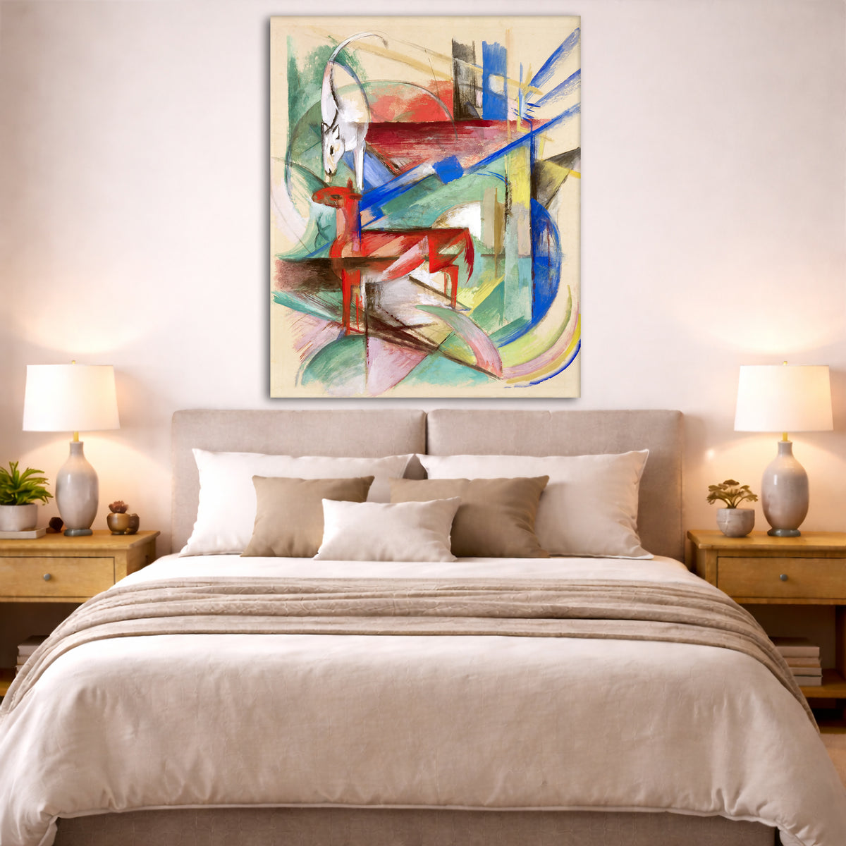 Franz Marc - Landscape with Animals Giclée canvas print displayed above a bed in a bedroom interior
